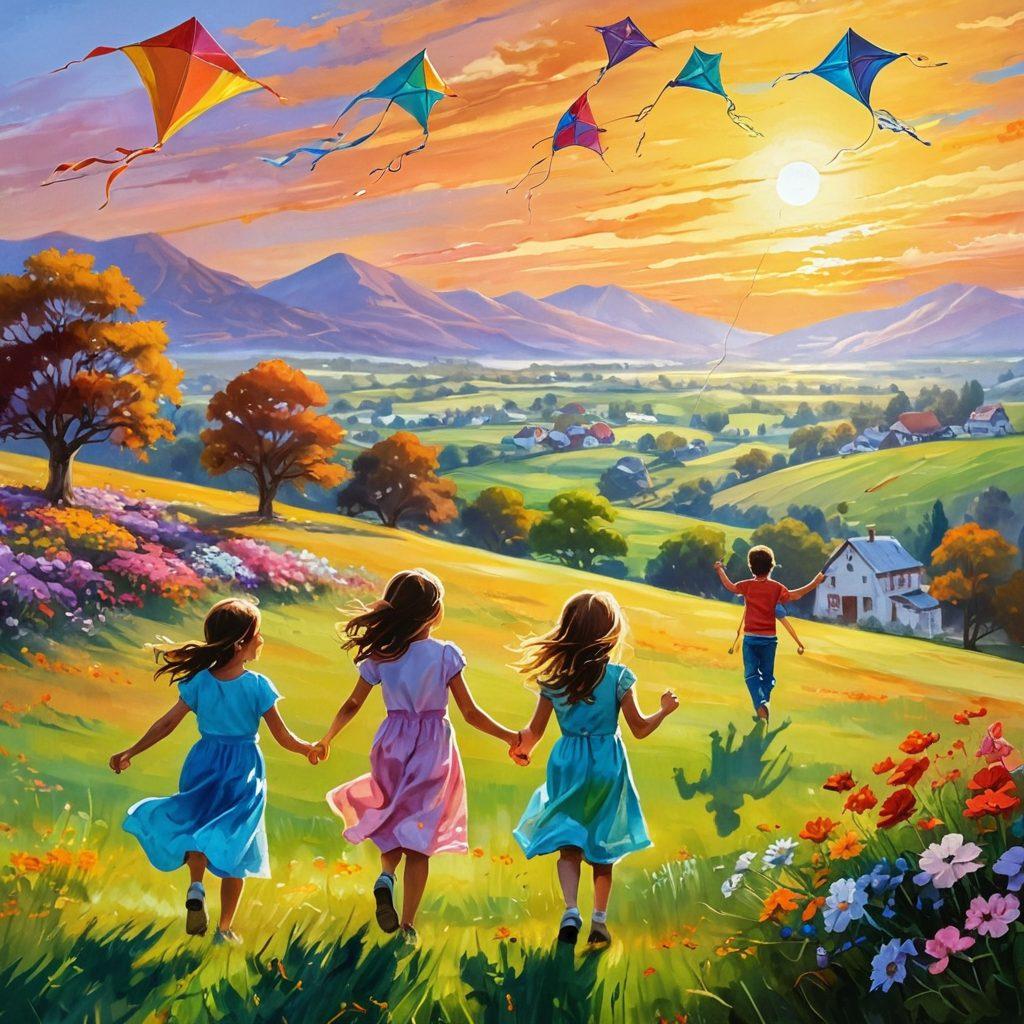 A serene landscape depicting a vibrant sunrise over rolling hills, with playful children flying colorful kites, laughter in the air. The foreground features a joyful family having a picnic, surrounded by blooming flowers and warm sunlight. Soft brush strokes accentuate the warm hues, evoking a sense of happiness and positivity. whimsical, bright colors, vibrant atmosphere.
