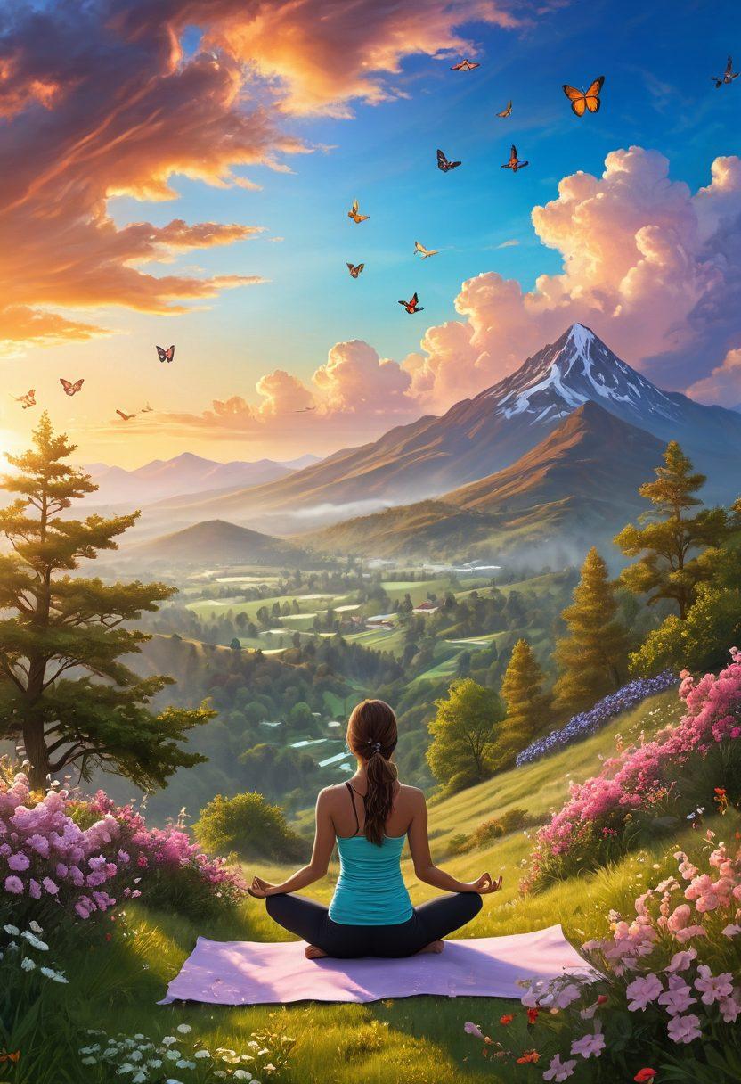 A serene landscape at sunrise, featuring a person practicing yoga on a hilltop, surrounded by blossoming flowers and butterflies. The scene radiates warmth and positivity, with bright colors in the sky and lush greenery. Include elements like soft clouds, gentle sunlight filtering through trees, and a distant mountain range for depth. super-realistic. vibrant colors. soft focus.